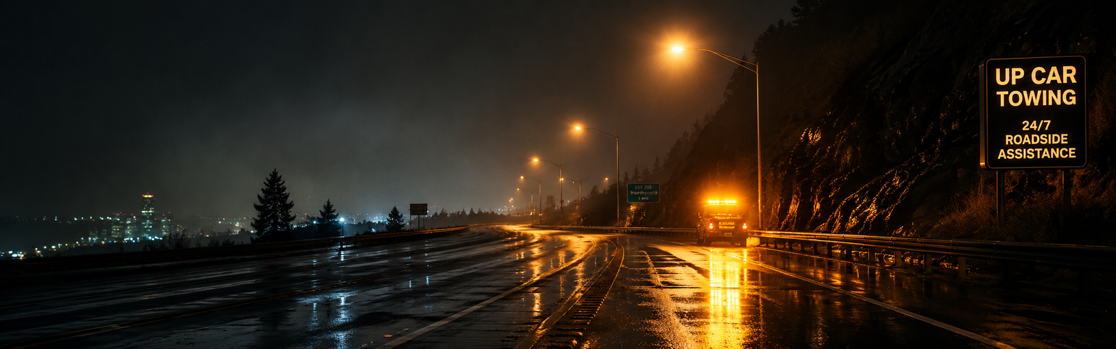 AI image prompt: Wide shot of a tow truck fleet lined up at a depot at night, amber beacon lights glowing, dramatic wide-angle photorealistic photography